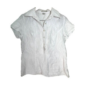 Tweeds Shirt Women's Medium White Linen Embroidered Short Sleeve Half Button Top